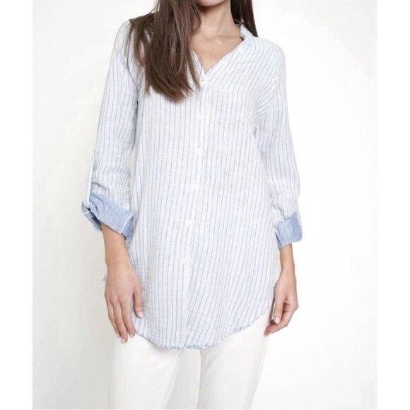 Mystree 100% Cotton Tunic Button Shirt (Sz L) Striped Long Sleeve Coastal Casual - Picture 2 of 12